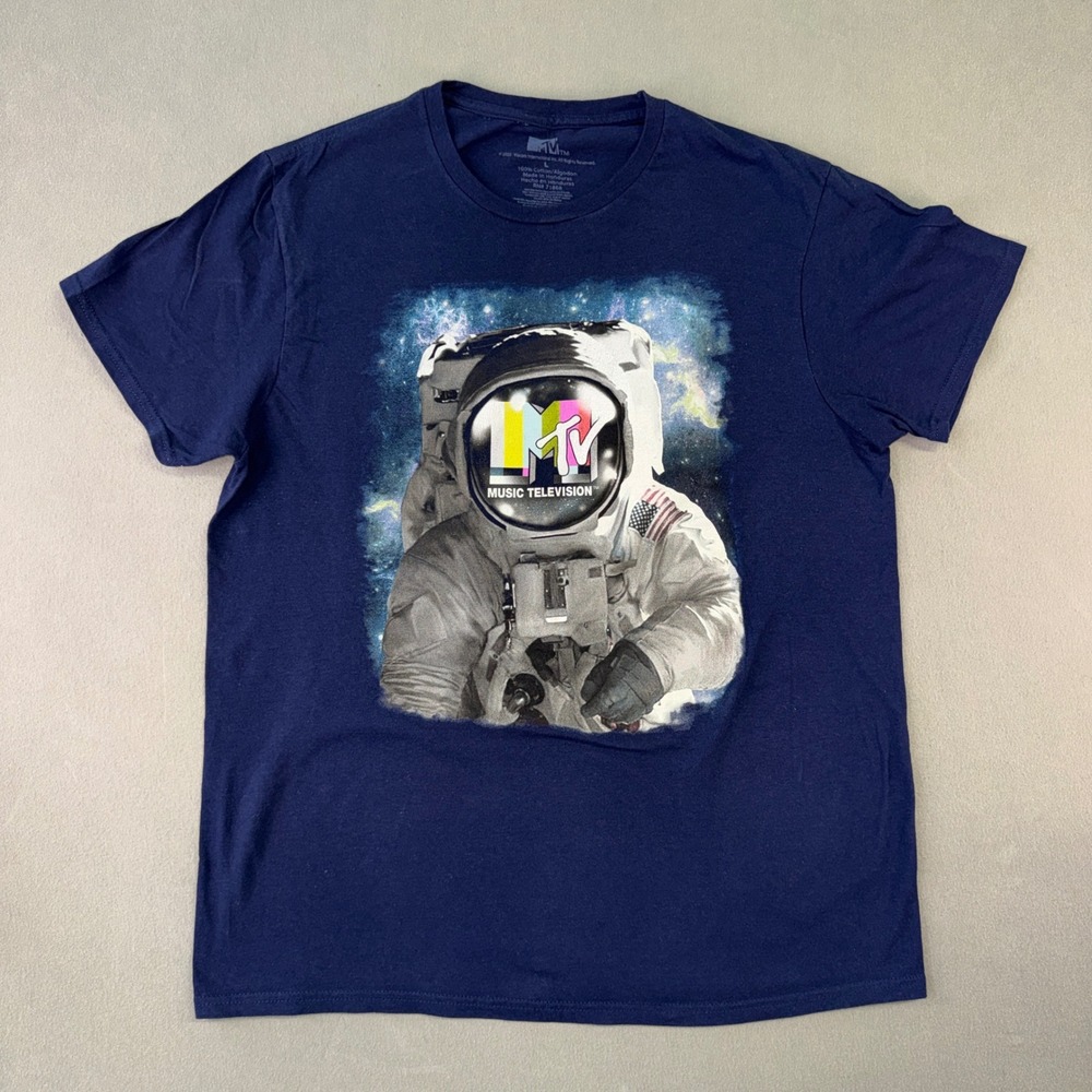 MTV Music Television Astronaut Galaxy Moon Man Graphic Tee Navy Blue Mens Large